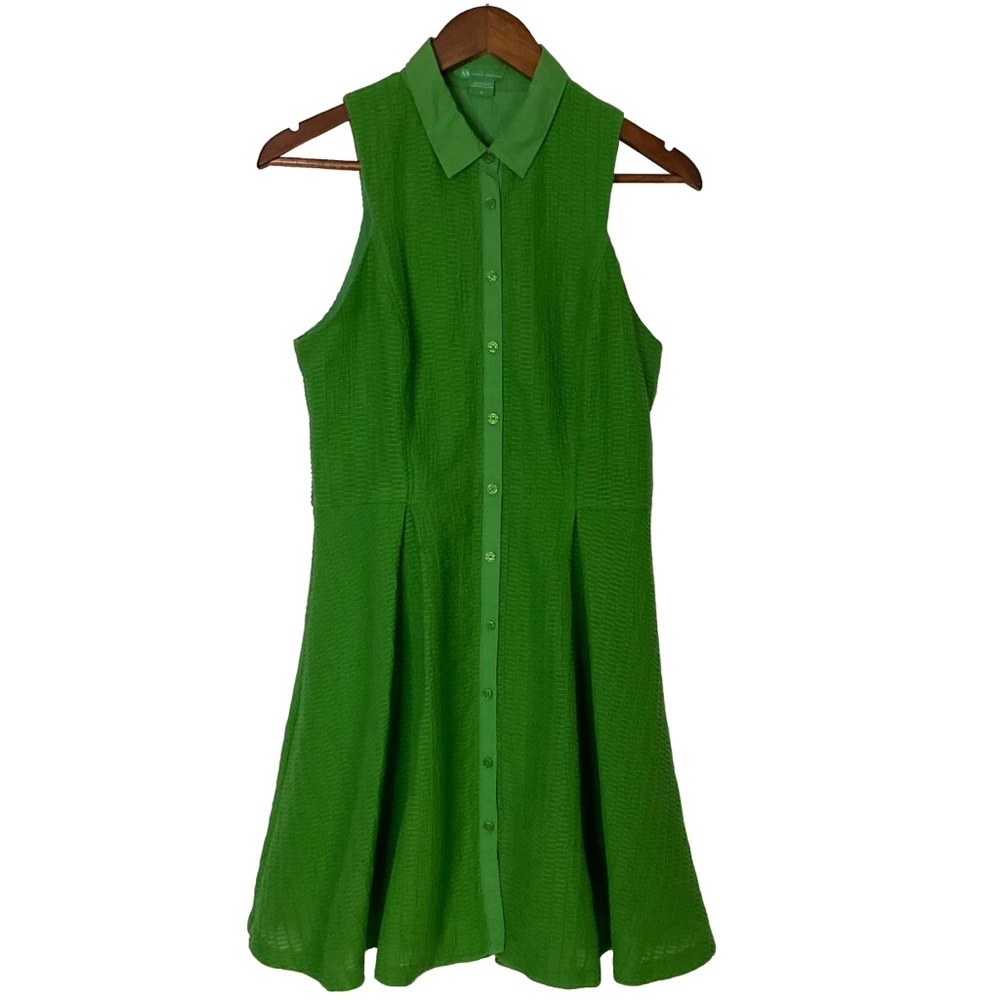 Armani Exchange Sleeveless Green Textured Fabric Collar Button-Up Dress; Size 10